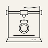 Minimal black line illustration of a 3D printer producing a ring, centered on a warm off-white background.