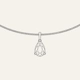 Technical black line drawing of a pear-shaped gemstone pendant in a three-prong setting suspended from a fine chain on a warm off-white background.