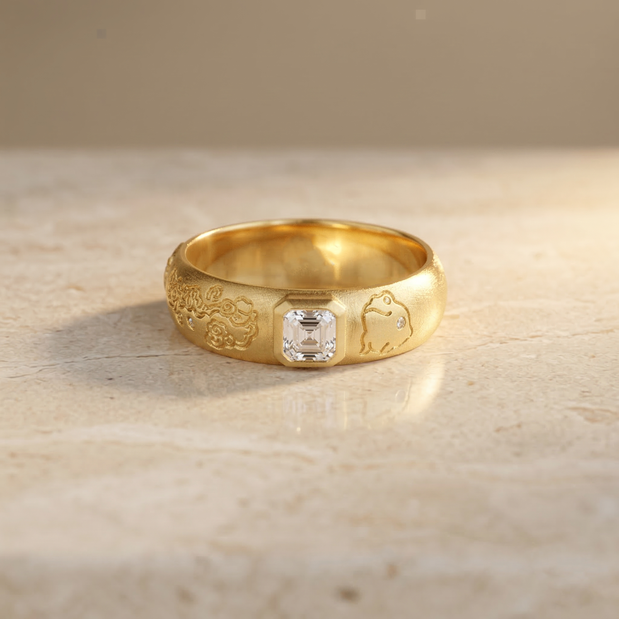 Matte gold ring with an Asscher-cut diamond center, engraved with a traditional Asian cloud motif on one side and a Jinro frog on the other.