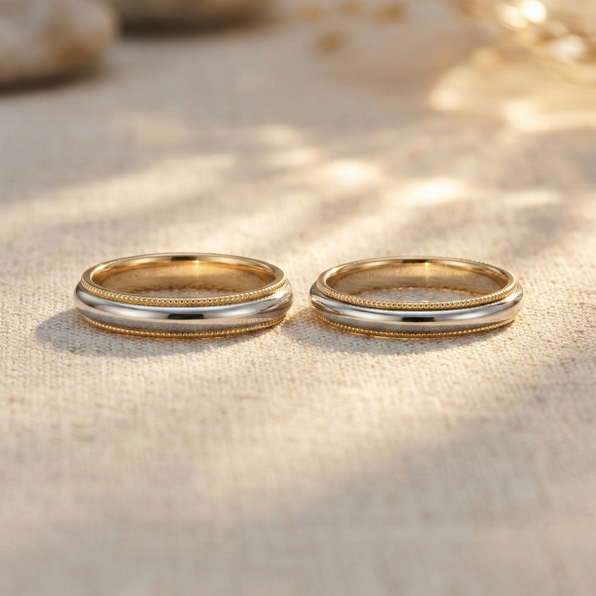Pair of yellow gold and platinum wedding bands with milgrain edges resting on textured fabric in warm light.