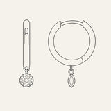 Technical black line drawing showing front and side views of a small hoop earring with a dangling round gemstone charm on a warm off-white background.