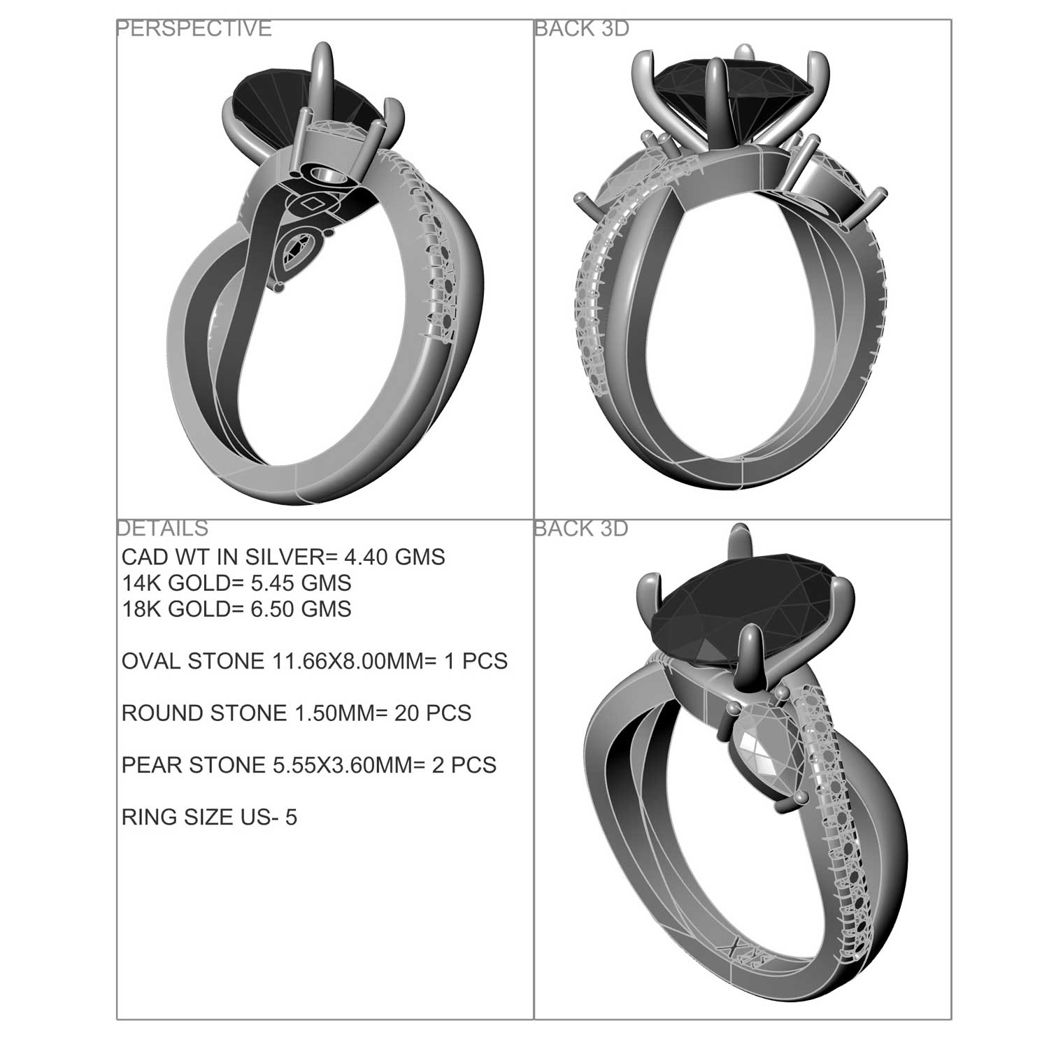 3D CAD rendering of an engagement ring design featuring a large oval center stone with pavé side stones and pear-shaped accent stones beneath the setting. The rendering shows multiple angles of the ring, including perspective and back views, alongside technical details listing metal weights, stone dimensions, and ring size.