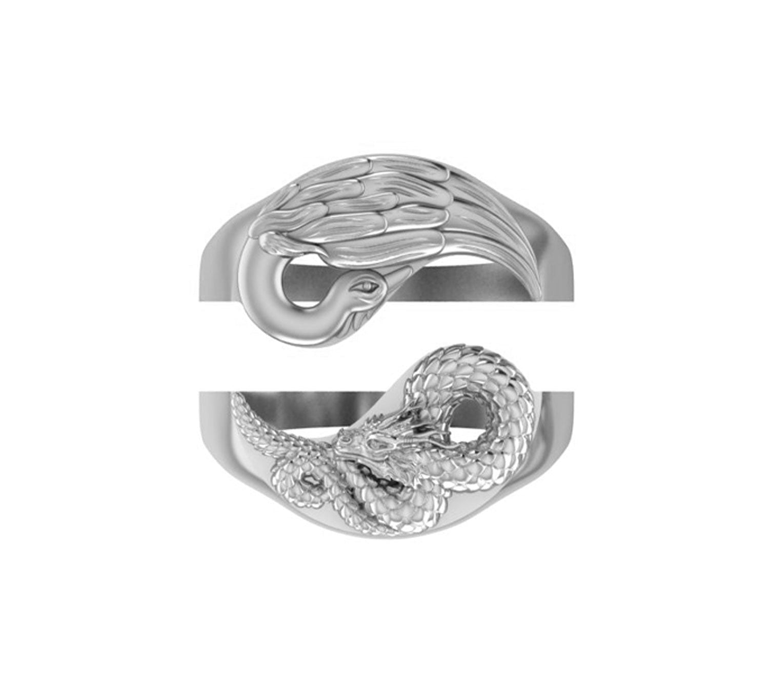 Yin Yang Dragon & Phoenix Ring Set - Sterling Silver-nunchi
