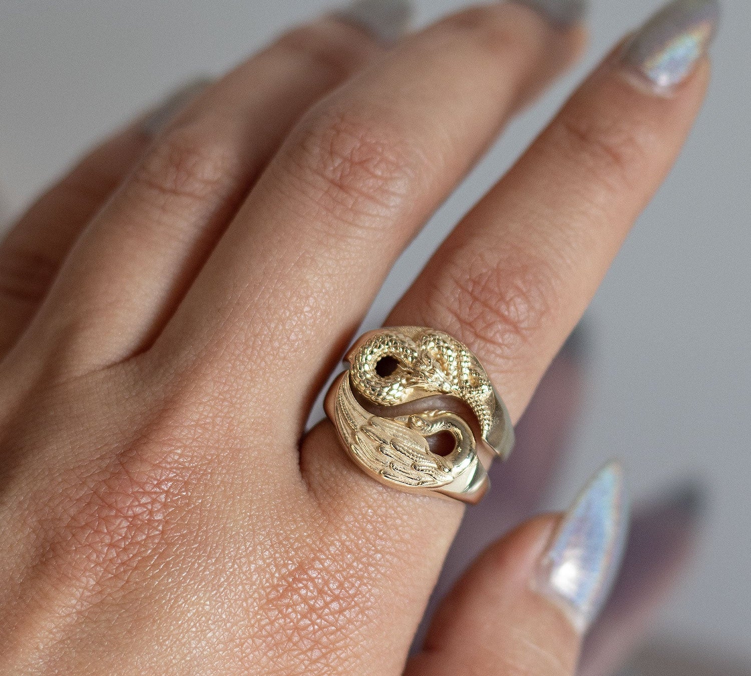 Yin Yang Dragon + Phoenix Ring Set - 14KT Gold-nunchi