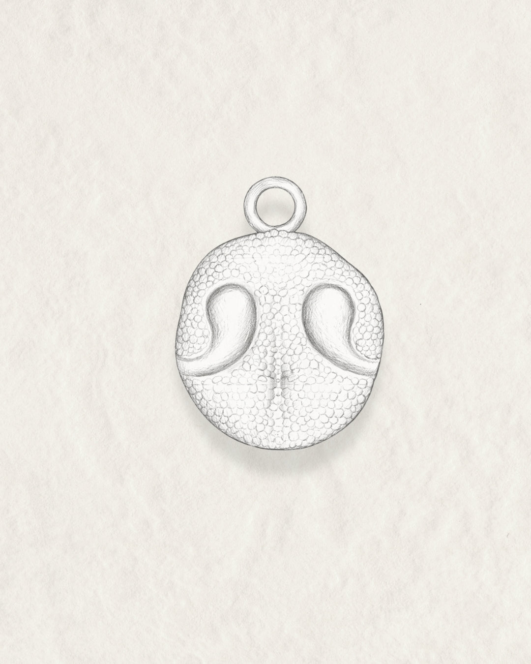 Hand-drawn sketch of a round pendant engraved with a dog’s nose print texture and small top loop for a chain.