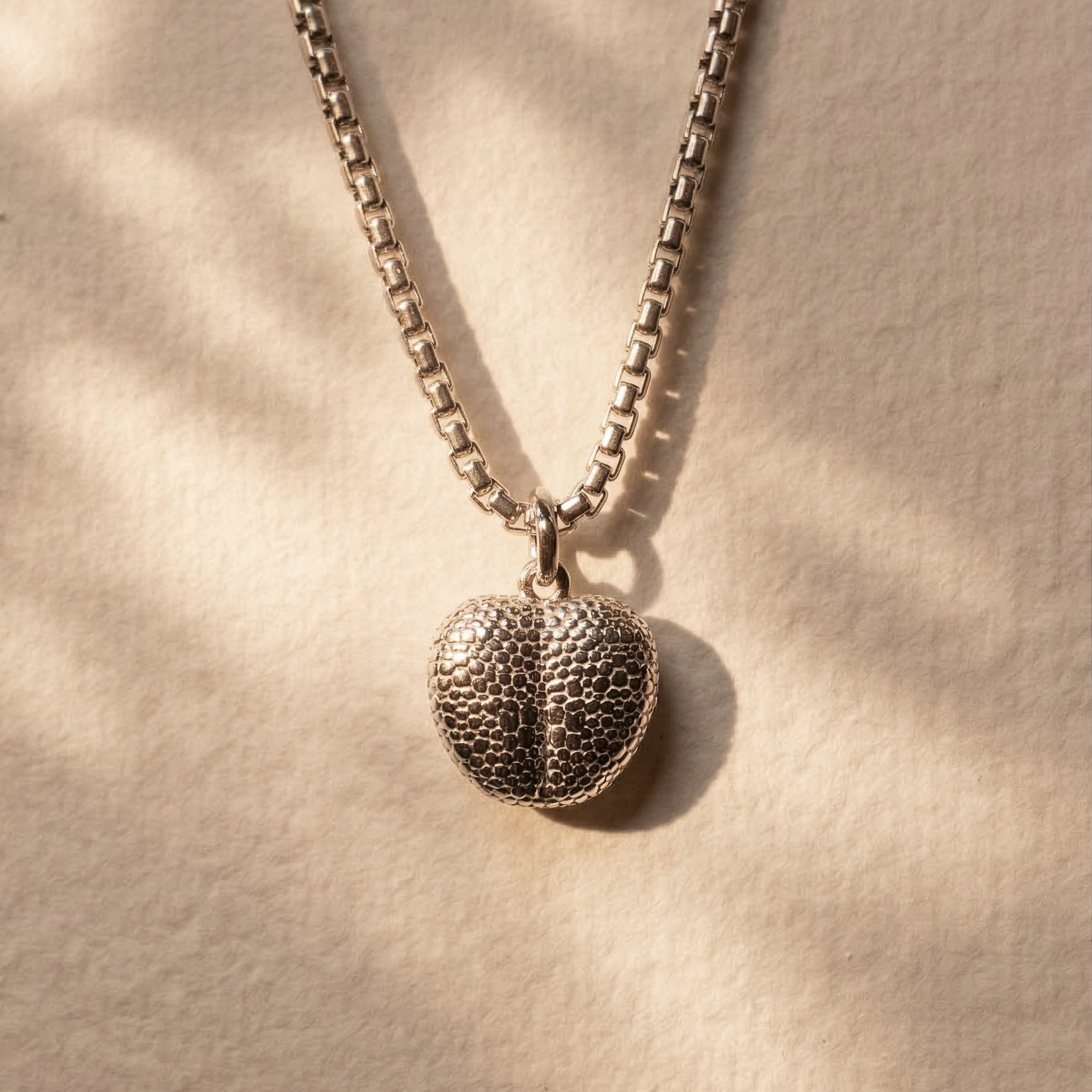 Sterling silver pendant engraved with a dog’s nose print hanging from a box chain necklace.