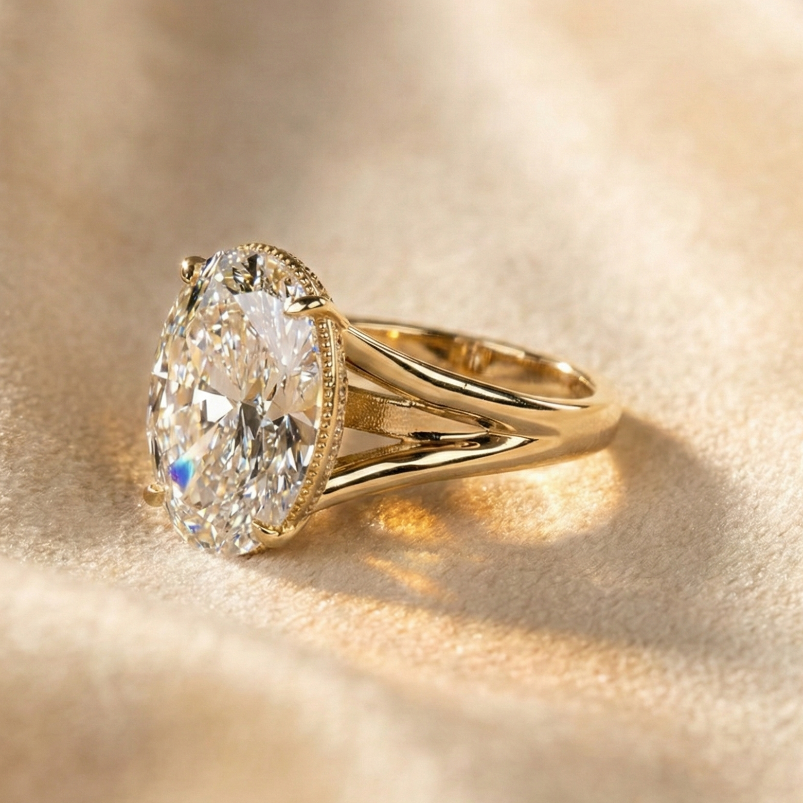 Close-up of a NUNCHI bespoke oval diamond engagement ring set in yellow gold with a milgrain bezel and split shank band, resting on softly textured fabric in warm light.