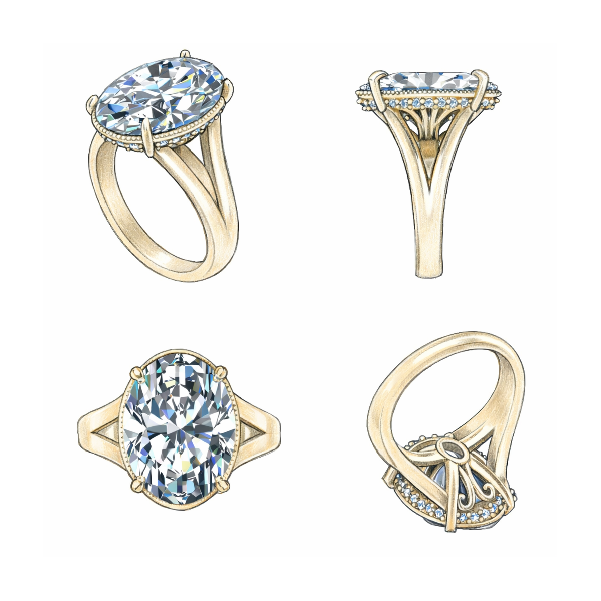 Colored pencil-style sketch showing an oval diamond ring in yellow gold from four angles: angled perspective, side profile, top view, and underside view with gallery details and halo accents.