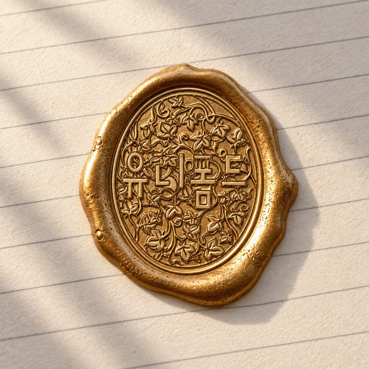 Close-up of a gold wax seal impression on lined paper, featuring Korean Hangul surrounded by an ornate floral and vine pattern in warm sunlight.
